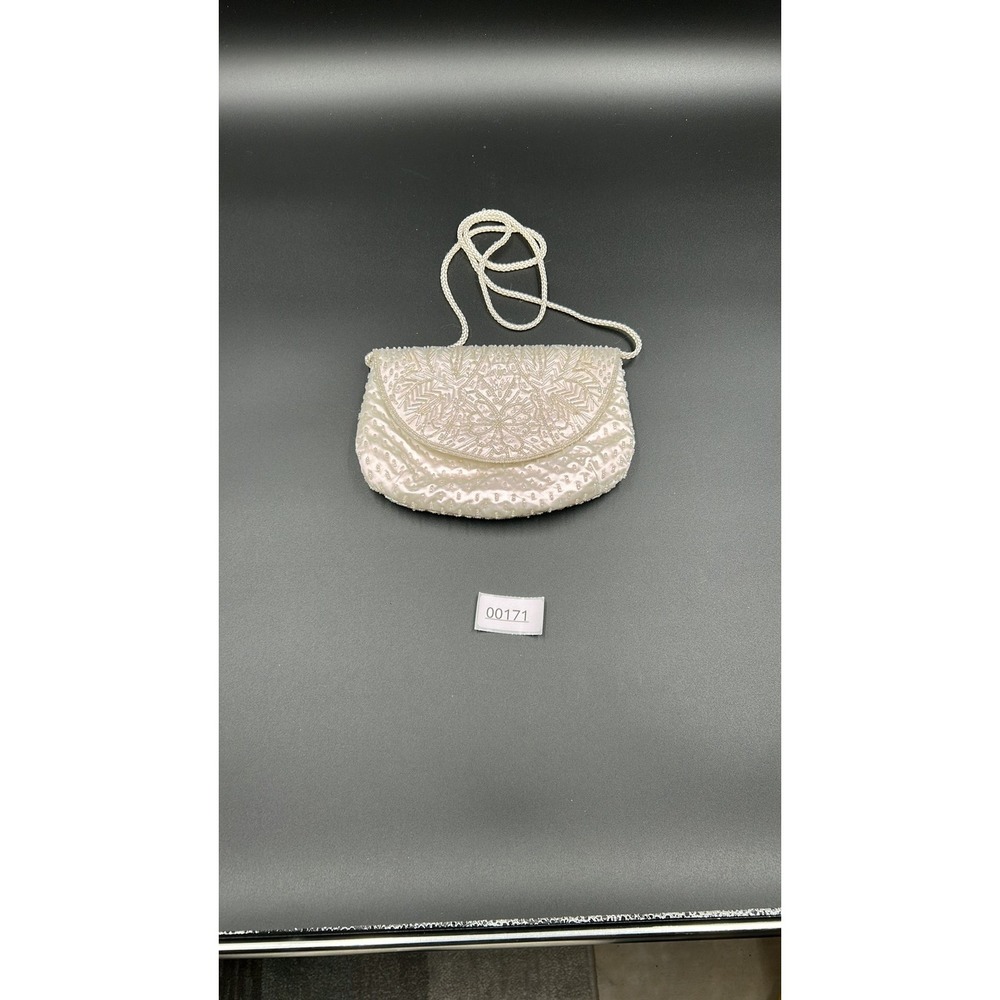 Carolyne Barton Vintage Beaded Evening Clutch Bag White Satin Bridal Wedding